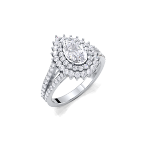 Anillo de compromiso de lujo con doble halo de diamantes en forma de pera de 1.508 quilates en oro amarillo, blanco y rosa de 14 quilates. |   Anillo Vintage con Diseño de Rayos de Sol y Forma de Catedral - Product Image 2