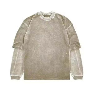 Camiseta de manga larga doble de doble capa con lavado ácido informal de fabricantes personalizados para hombres - Product Image 1