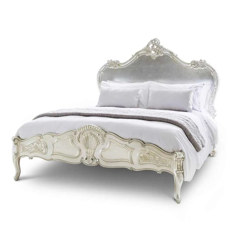 Sylvia Serenity gümüş lüks fransız yatak el yapımı ve el-oyma fransız tarzı yatak sıkıntılı gümüş yaprak