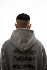 <b>Grey</b> Printed Cotton Hoodie <b>Men</b> | Front Pouch Pocket High Quality 100% Cotton | Oversized Fit Vintage Wash & Raglan Sleeve Unisex - Product Image 4