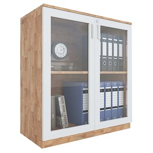 Armoire de bureau contemporaine à deux niveaux verrouillable avec portes en verre, en bois d'hévéa, 80x40x87cm, pour bureau ou atelier - THS68024 - Product Image 3