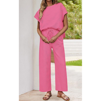 Ensembles de pulls décontractés en coton pour femmes, hauts en tricot brodés à manches courtes et pantalons plissés à jambes larges