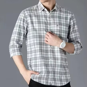 Chemise à carreaux coupe ajustée décontractée pour homme 100% coton col étalement respirant tissage tricoté imprimé teint uni Service OEM disponible - Product Image 1