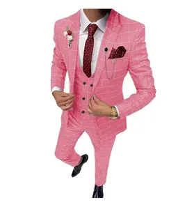 Costume de smoking de couleur rose à carreaux pour hommes, vêtement de bureau, pantalon d'affaires, manteau pour hommes, vente en gros