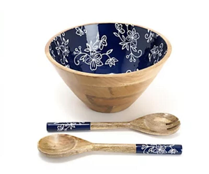 Bol en bois rond émail imprimé bleu 4 pièces bol vaisselle ménage vaisselle saladier - Product Image 6