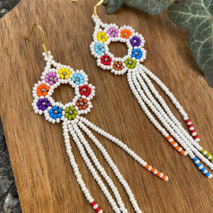 Boho <b>bead</b> earrings with <b>turquoise</b> design andy cascading fringe, unique jewelry gift - Product Image 1