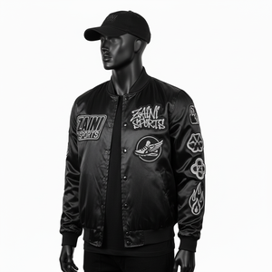 Veste universitaire en satin de luxe, tissu lisse et brillant, couleur noire, logo brodé personnalisé, design personnalisé, veste en satin pour hommes - Product Image 2