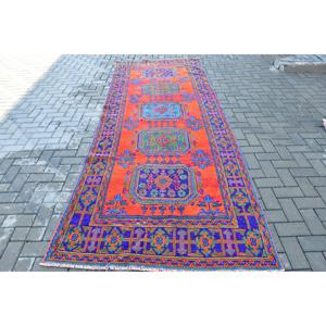 พรมตุรกีขนาด 4.3x11.5 ฟุต, พรมวินเทจลายทาง, พรมลายสัตว์สีแดงน้ำเงิน - Product Image 1