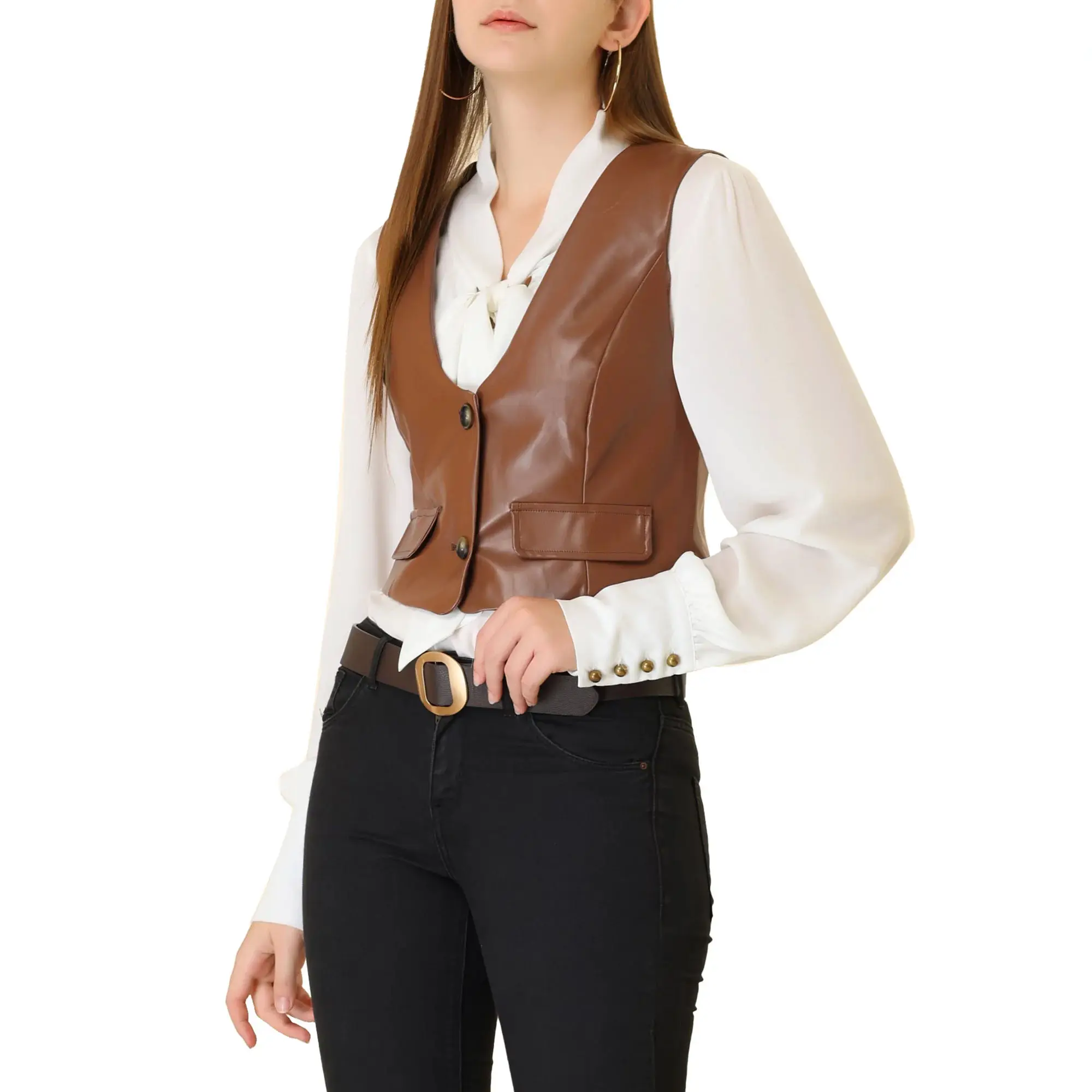 Gilet en cuir dos nu pour dames couleur marron Style court prix de gros élégant gilet en cuir sur mesure