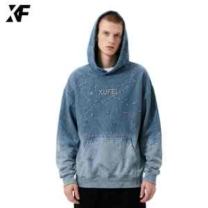 XUFEI Original 100% algodón gráfico ácido lavado recortado Rhinestone Sudadera con capucha para hombres patrón de invierno personalizado - Product Image 1