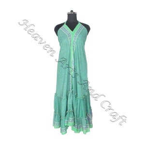 SD011 venta al por mayor bohemio elegante Vintage Sari Maxi vestido para mujer cuello en V Casual playa Hippie suelta verano fiesta desgaste para niñas - Product Image 3