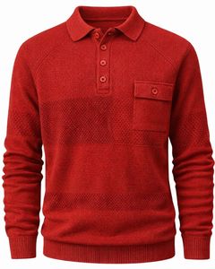 Pull en laine rouge pour homme, col boutonné, manches longues, texture douce et chaude, pull décontracté pour le bureau, fabriqué par le fabricant - Product Image 1