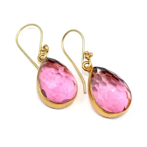 Pink Tourmaline Hydro Stone Teardrop Bezel Setting Pear Gemstone Gold Plated Silver 925 Handmade Gift for Her Fine Jewelry Earri