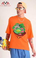 Nouveau T-shirt tricoté pour femme, imprimé (motif graphique), écologique, respirant, durable, anti-rétrécissement, 65% Coton + 35% Spandex, coupe classique, Orange