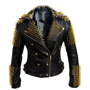 Chaqueta de motorista de PU con logotipo bordado personalizado para mujer, cuello vuelto, tachuelas largas, material de lona de algodón tejido transpirable ecológico - Product Image 1