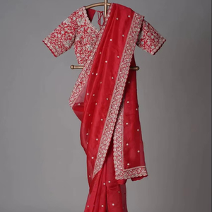 Sari de seda suave pura de diseñador indio de color rojo, borde de trabajo de secuencia y trabajo de bordado hermoso para ropa de boda y fiesta - Product Image 1