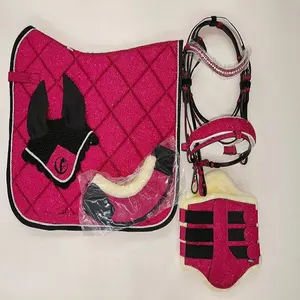 HORSE ENGLISH GLITTER SADDLE PAD WITH MATCHING BELL BOOT TENDON BOOT & FLY VEILS MATCHING SET CUSTOMIZATION ACCEPTED