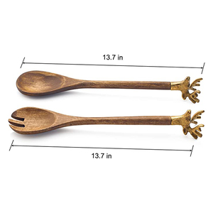 Juego de cubiertos de madera decorativos de mesa con extremo de latón Cuchara hecha a mano y juego de Spork Utensilios de cocina hechos de madera natural - Product Image 2