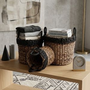 Natural Banana Bark Recycled <b>Plastic</b> <b>Basket</b> Set Black Thick Rim Arch Handle Cylinder Pot Planter Pure Art Setup Room Decor Art - Product Image 4