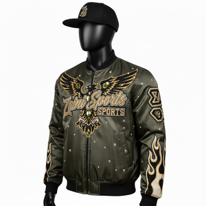 Blouson Bomber en Satin Premium Vert Olive avec Broderie Aigle et Détails Strass – Veste en Satin Personnalisable avec Logo pour Homme - Product Image 3
