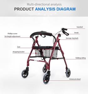 רולטר הליכון קשישים באיכות גבוהה אלומיניום קל משקל 4 גלגלים רולטר הליכון קומפקטי אדום לנכים עם בלמים - Product Image 3