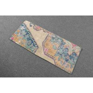 Alfombra Turca Pequeña de 1.3x3.2 pies (41x99 cm), Alfombra de Lana Vintage con Diseño de Plantas y Árboles Azules - Product Image 2