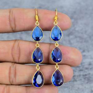 Boucles d'oreilles Tanzanite Trois pierres précieuses Boucles d'oreilles en argent sterling 925 plaqué or Boucles d'oreilles pendantes en pierres précieuses poire faites à la main - Product Image 2