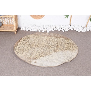 Tapis en laine turque vintage de 3,7 pieds x 3,6 pieds Tapis de salon classique patchwork beige et marron avec support en latex - Product Image 1