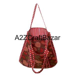 Sac fourre-tout en coton fait main indien pour femmes avec surpiqûres matelassées, tissu imprimé en blocs, grande capacité, sac à bandoulière - Product Image 4