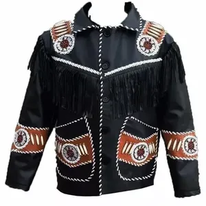 Men's Black Leather Cowboy <b>Jacket</b> With Fringe Turn-down Collar Vintage Style Hand Embroidery Autumn Wear Regular Fit - Product Image 3