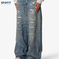Jean en denim brodé délavé pour homme, coupe droite ample et large, respirant, style urbain, prix abordable