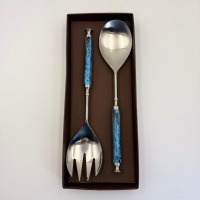 Ensemble de service à salade en argent poli, service à salade décoratif en métal avec poignée ronde en résine bleue, ensemble de service à salade