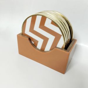 Resin Inlay <b>Coaster</b> <b>Set</b> with Brown Holder Orange and White Lining Pattern for Table Beauty Decorative Drink <b>Coasters</b> <b>Set</b> of 6pcs - Product Image 5