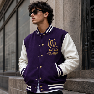 ONEAPEX Custom Purple Premium Wool Body <b>White</b> Leather Sleeves Chenille Hooded Breathable V-neck Collar Letterman <b>Jacket</b> OEM ODM - Product Image 1