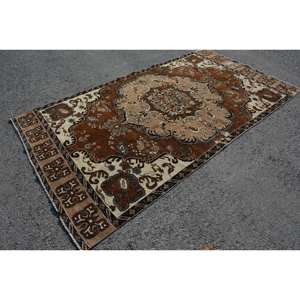 Vintage turco 5x9,5 pies alfombra de área grande clásico bohemio rectángulo Patchwork diseño marrón Beige lana viscosa látex respaldado-para habitaciones - Product Image 3