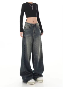 Pantalones vaqueros holgados rectos lavados Vintage para hombre, pantalones vaqueros de pierna ancha desgastados con bolsillos mulit de cintura alta - Product Image 3