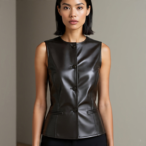 Chaleco de cuero sin mangas con botones y cremallera para mujer - Product Image 6