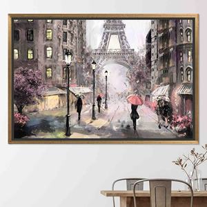Toile imprimée : scène de rue parisièn de jour de pluie avec la Tour Eiffel, toile encadrée dorée - Product Image 1