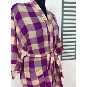 Vintage Boho Summer Open Jacket Recycled Pure Cotton Tie-Dye Woven Style Print Beige Purple Check for <b>Beach</b> Coverup House <b>Robe</b> - Product Image 4