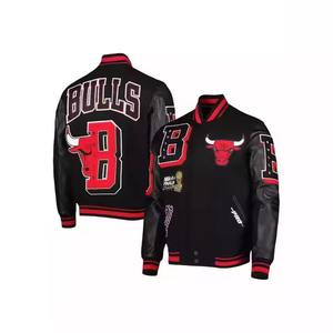 Custom Men's Wool Letterman <b>Varsity</b> <b>Jacket</b> Stand Collar Real Leather with Coated Embroidery Patches <b>Black</b> <b>and</b> <b>Red</b> Color - Product Image 1