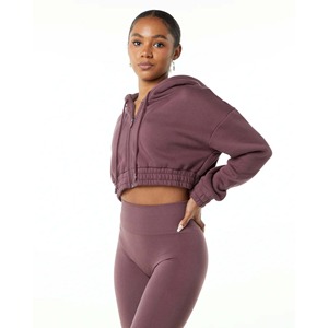 55% algodón, 45% Spandex estilo de hombro caído de gran tamaño recortado ajuste otoño mujeres clásico Capital Full-Zip Crop Hoodie nuevo estilo - Product Image 2