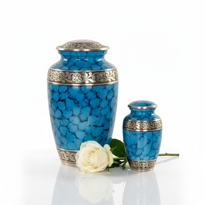 Urne funéraire en marbre bleu de style européen exquis pour les cendres humaines - Urne en métal élégante avec détails gravés, capacité de 200 pouces cubes - Product Image 4