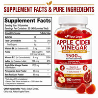 Gummies au vinaigre de cidre de pomme 1500mg avec la Mère, Détoxifiant, Vitamines B6 B12 Folate, Végétalien, 90 Gummies, OEM Marque Privée