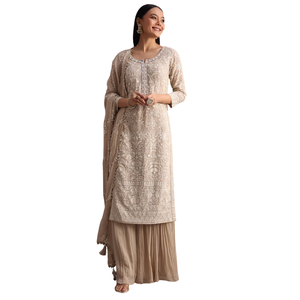 Vente en gros de vêtements ethniques Lucknowi Kurta beige avec palazzo évasé et Resham Work Dupatta pour femmes OEM Custom Factory Supplier - Product Image 4