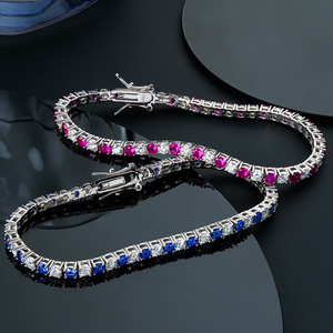Bracelets de tennis en argent 925 plaqué rhodium pour femmes, avec corindon bleu rose serti griffe et moissanite VVS, vente en gros - Product Image 3
