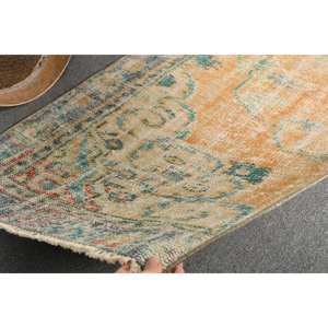 Tapis Turc Vintage Orange Bleu Patchwork Design Style Classique 2.5 X 3.8ft Laine Matériel 10mm Rectangle Forme Abstraite Latex - Product Image 5