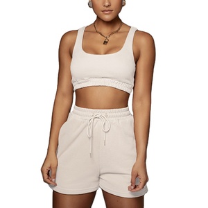 2025 confortable coton Joggers entraînement femmes de haute qualité Logo personnalisé haut court et pantalon court ensemble motif solide - Product Image 4