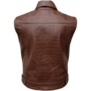 Chaqueta y chaleco de cuero genuino marrón para hombre y mujer, chaquetas de cuero con textura de cocodrilo para hombre, chaleco de motociclista con cierre de botones a presión - Product Image 6