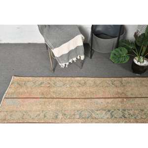 Alfombra turca vintage Beige Verde 1,9 x 11.3ft Patrón rectangular de tejido plano para decoraciones de sala de estar o pasillo - Product Image 2