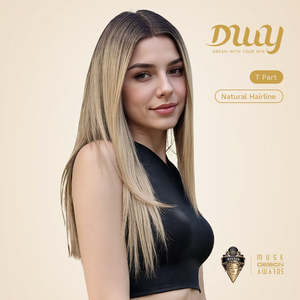 (Solo para EE. UU.) Peluca sintética larga Patricia-DWY con frente de encaje y parte en T, color marrón claro con degradado marrón, sin pegamento - Product Image 2